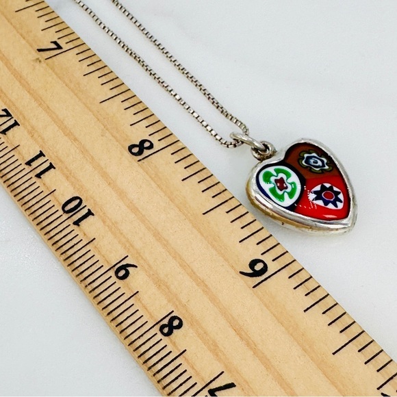 Vintage Millefiori Heart Necklace Italian 925 Sterling Silver Box Chain Red Blue - Picture 7 of 11